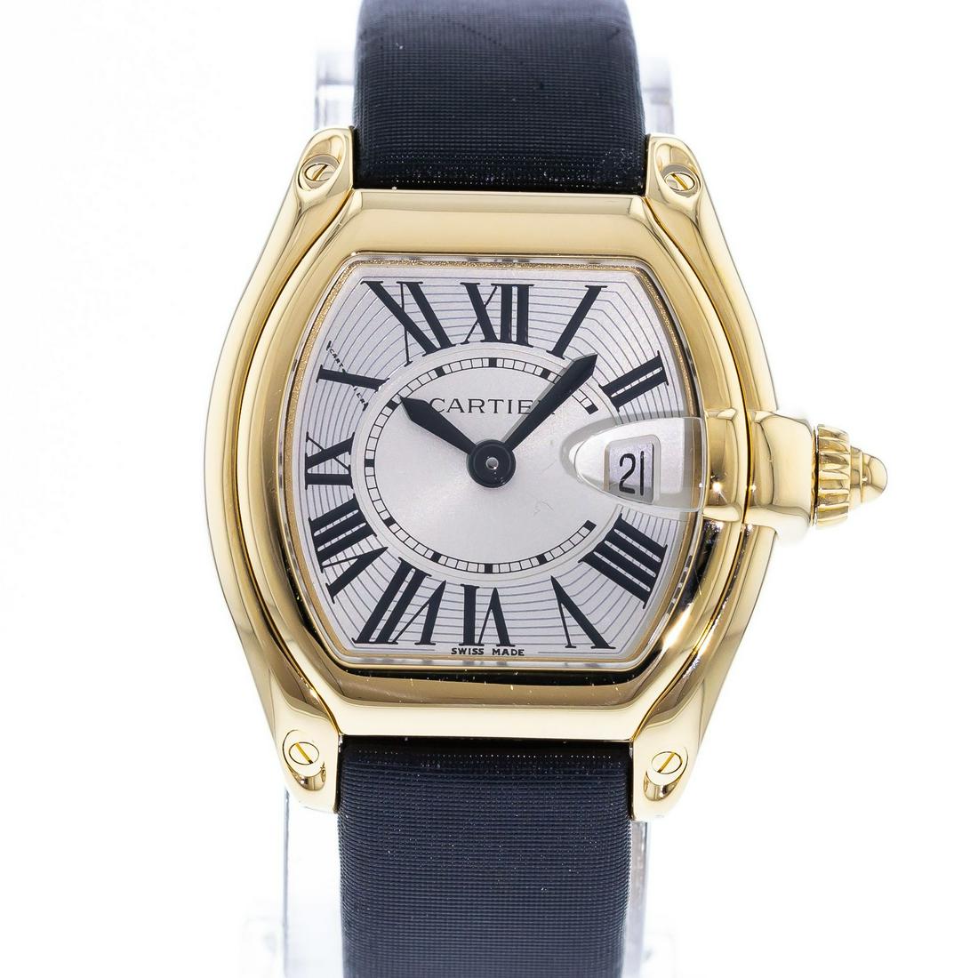 CARTIER ROADSTER SMALL: Brand: Cartier Model: Roadster Case Size: 30mm Movement: Quartz Material: 18k Yellow Gold Band Material: Textile Box: Yes Papers: Yes
