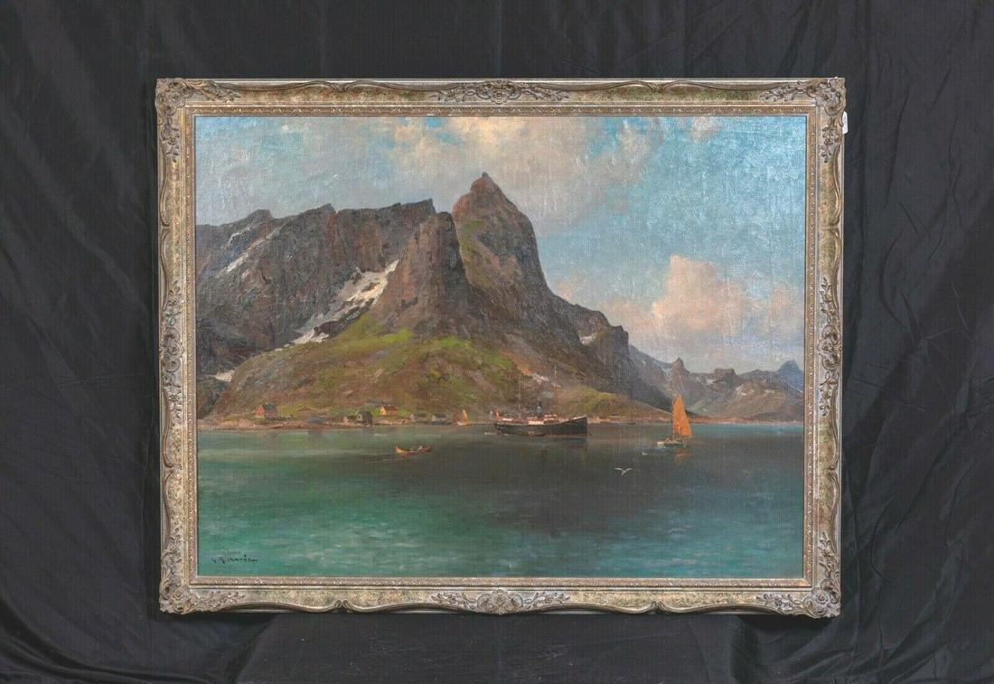 Fjord Landscape & Boats: Name: 19th Century Norwegian Fjord Landscape & Boats Otto Ludvig RICHARDE (1862-1929) Year: 19th Century Size: 135cm x 105cm Medium: Oil Description: Norwegian Fjord Landscape, 19th CenturyÂ byÂ