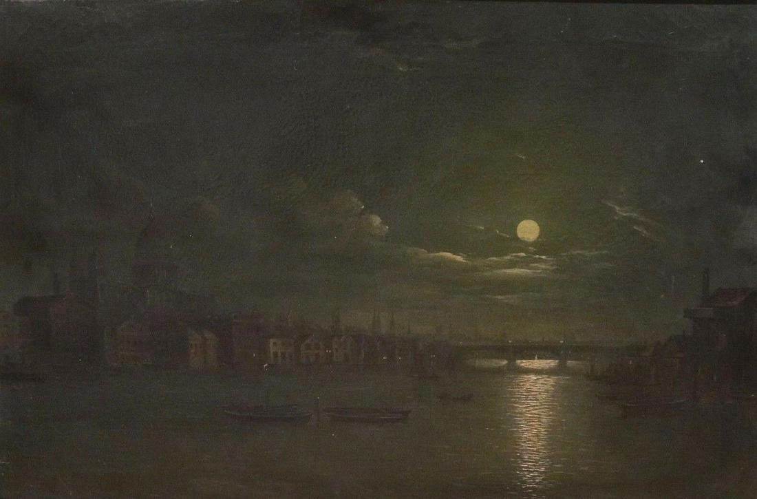Moonlit Thames River London Landscape: Name: Large 19th Century Moonlit Thames River London Landscape Henry PETHER Antique Year: 19th Century Size: 37" x 27" Medium: Oil Description: Moonlit View Of London From The Thames River, 19th Centu
