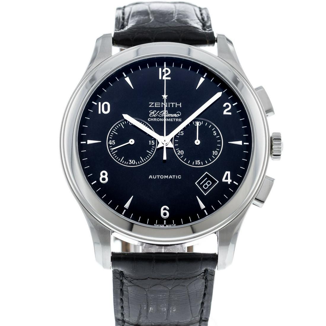 ZENITH GRANDE CLASS EL PRIMERO CHRONOGRAPH: Brand: Zenith Model: Grande Class El Primero Case Size: 44mm Movement: Automatic Material: Stainless Steel Band Material: Leather Box: No Papers: Yes