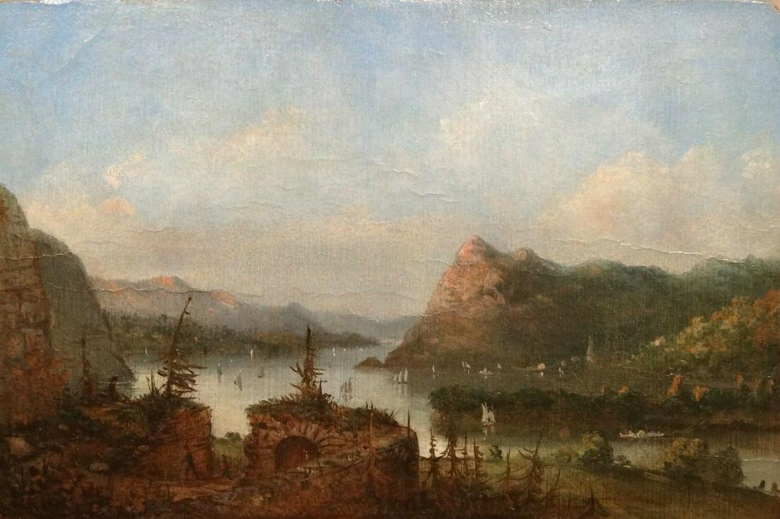 Hudson River School West Point: Name: 19th Century Early American Hudson River School West Point Landscape LEGRAND Year: 19th Century Size: 9.5" x 6.5" Medium: Oil Description: West Pint, Hudson River, circa 1840 by Legrand (early A