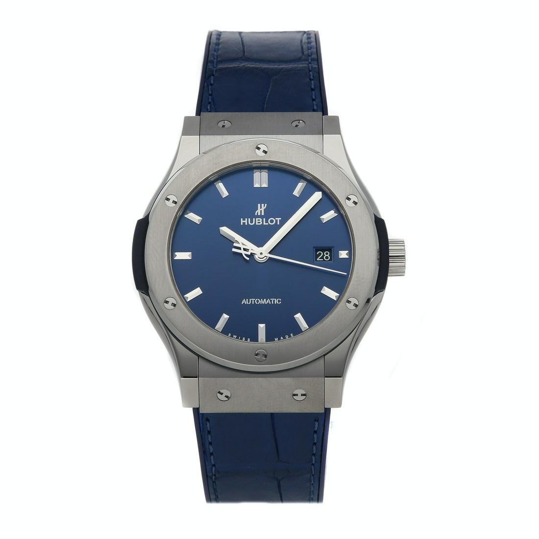 HUBLOT CLASSIC FUSION: Brand: Hublot Model: Classic Fusion Case Size: 42mm Movement: Mechanical (Automatic) Complications: Date Material: Titanium Band Material: Alligator Box/Papers: Box