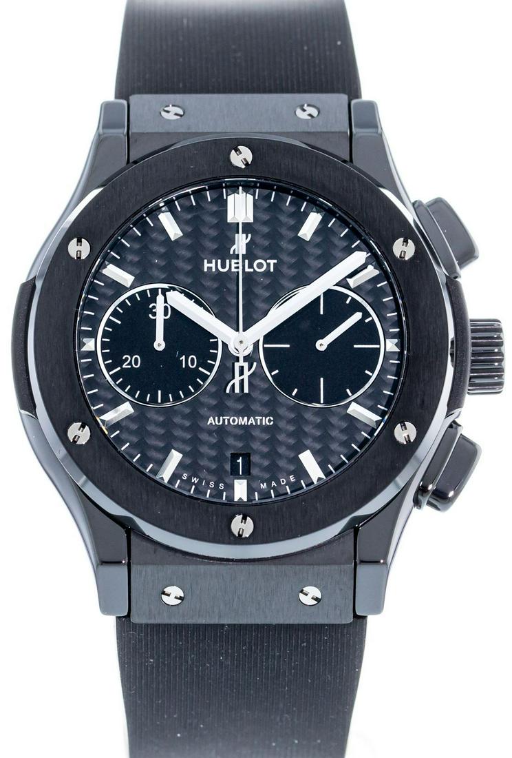 HUBLOT CLASSIC FUSION BLACK MAGIC CHRONOGRAPH: Brand: Hublot Model: Classic Fusion Black Magic Case Size: 42mm Movement: Automatic Material: Ceramic Band Material: Rubber Box/Papers: No Box/Papers