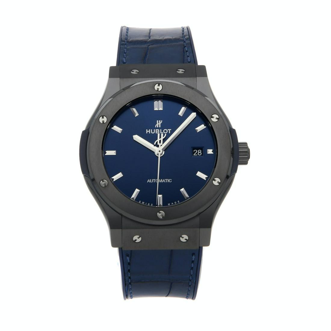 HUBLOT CLASSIC FUSION: Brand: Hublot Model: Classic Fusion Case Size: 42mm Movement: Mechanical (Automatic) Complications: Date Material: Ceramic Band Material: Alligator Box/Papers: Box