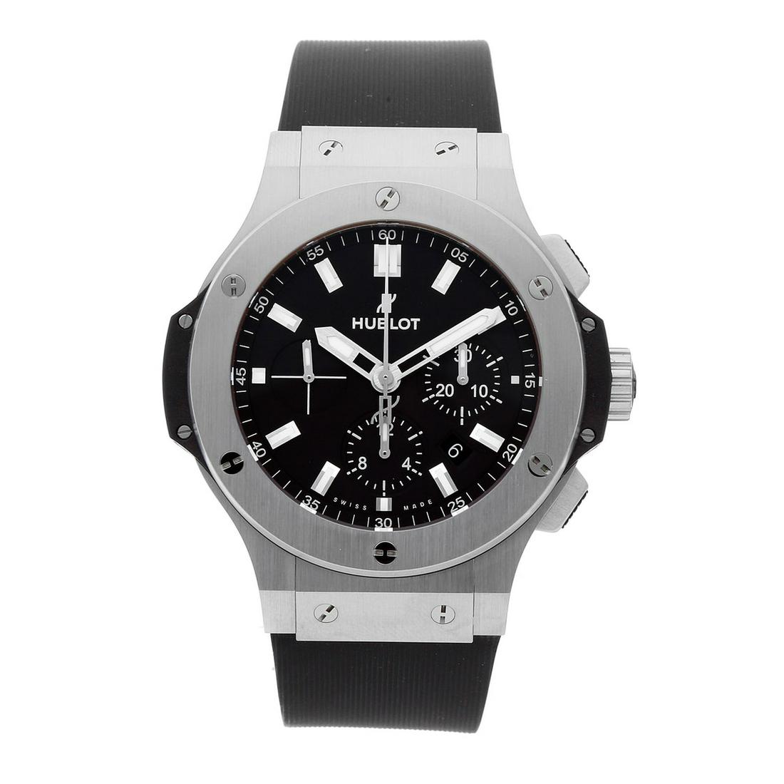 HUBLOT BIG BANG CHRONOGRAPH: Brand: Hublot Model: Big Bang Chronograph Case Size: 44mm Movement: Mechanical (Automatic) Complications: Chronograph Date Material: Stainless Steel Band Material: Rubber Box/Papers: Box and Papers