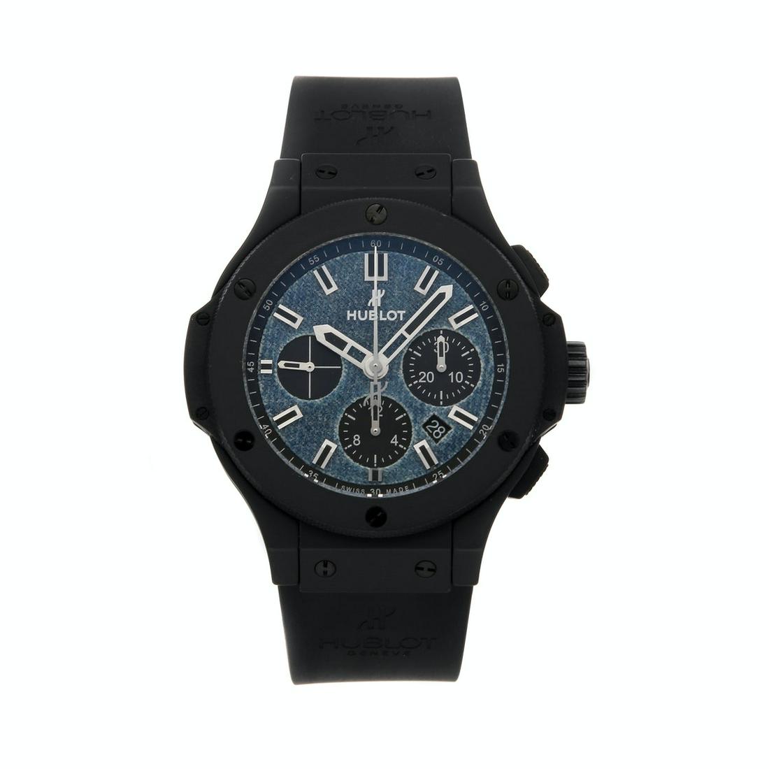 HUBLOT BIG BANG "DARK JEANS" LIMITED EDITION: Brand: Hublot Model: Big Bang "Dark Jeans" Limited Edition Case Size: 44mm Movement: Mechanical (Automatic) Complications: Chronograph Date Material: Ceramic Band Material: Rubber Box/Papers: No Box/P