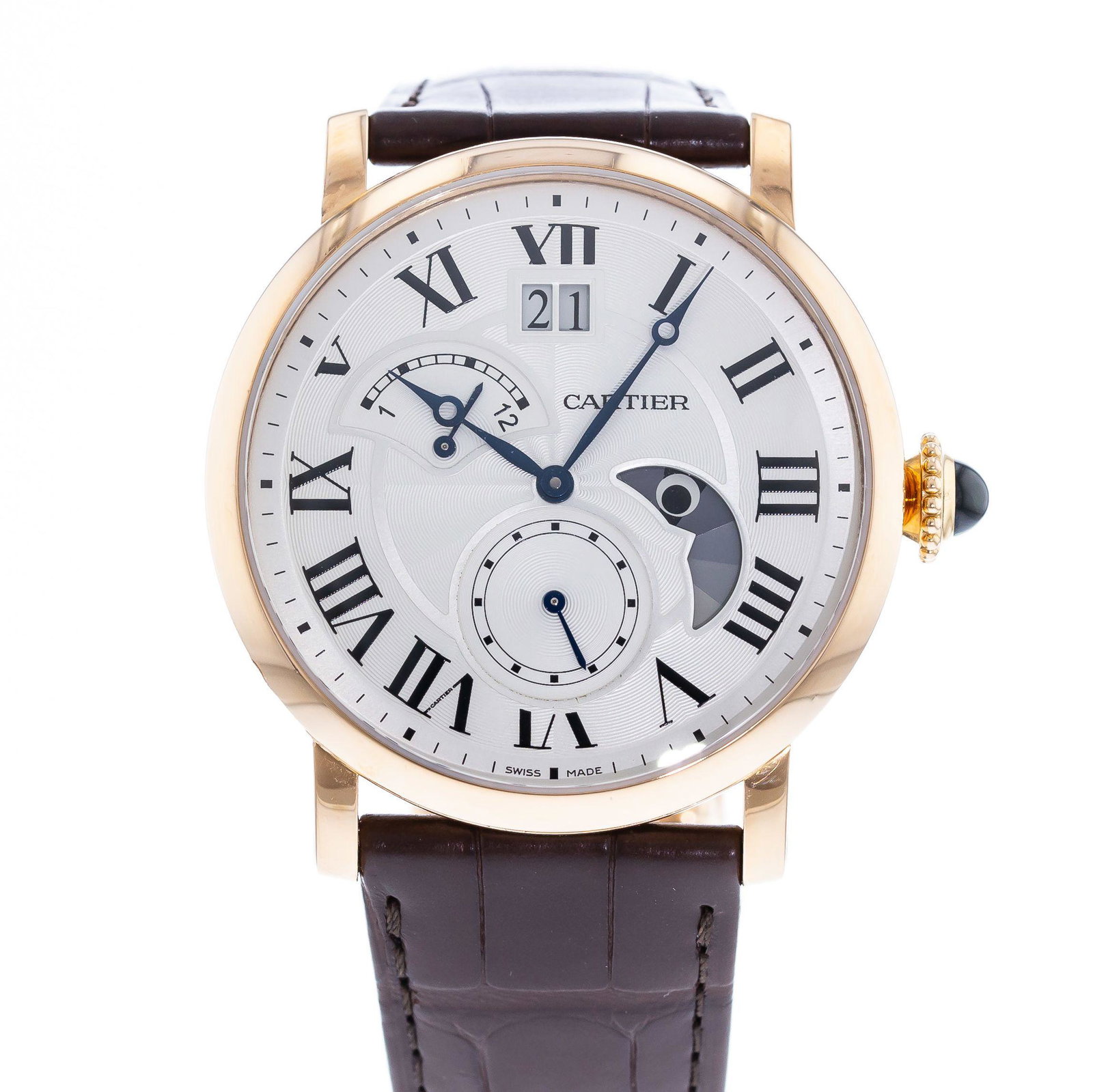 CARTIER ROTONDE DE CARTIER LARGE DATE RETROGRADE: Brand: Cartier Model: Rotonde de Cartier Case Size: 42mm Movement: Automatic Material: 18k Rose Gold Band Material: Leather Box: Yes Papers: Yes