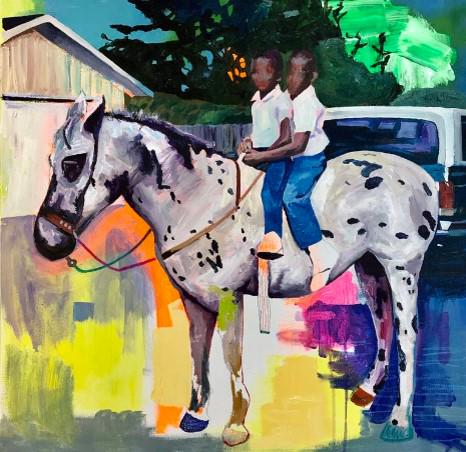 Urban Cowboys Painting: Title: Urban Cowboys Painting Dimensions: 24in. x 24in. x 2in. Medium: Oil, Acrylic, Ink, Pastel, Spray Paint Materials: Canvas Description: Painting: Oil, Acrylic, Ink, Pastel, Spray Paint on Canvas.