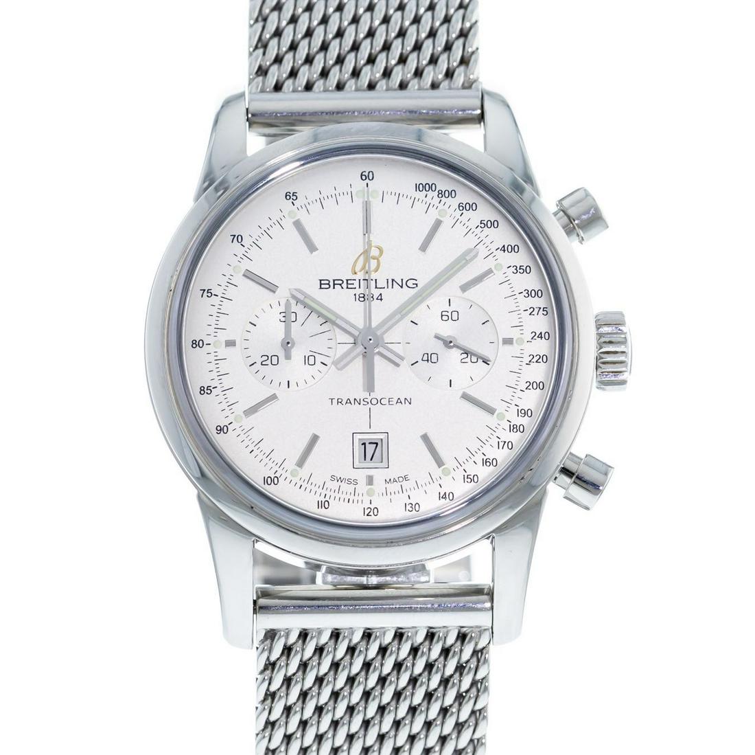 BREITLING TRANSOCEAN CHRONOGRAPH: Brand: Breitling Model: Transocean Case Size: 38mm Movement: Automatic Material: Stainless Steel Band Material: Stainless Steel Box: Yes Papers: Yes
