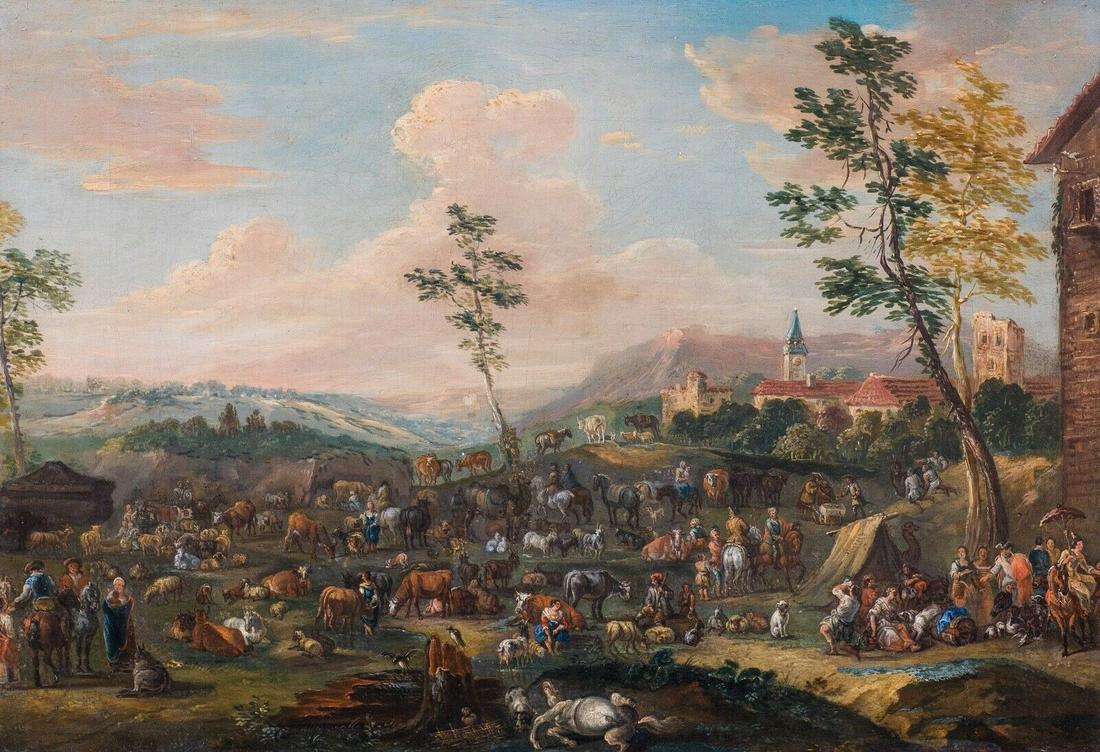 Cattle Market Livestock Landscape: Name: 17th Century Dutch Flemish Cattle Market Livestock Landscape Karel BREYDEL Year: 17th Century Size: 50cm x 40cm Medium: Oil Description: The Livestock Market, 17th Century School of Karel BREYDE