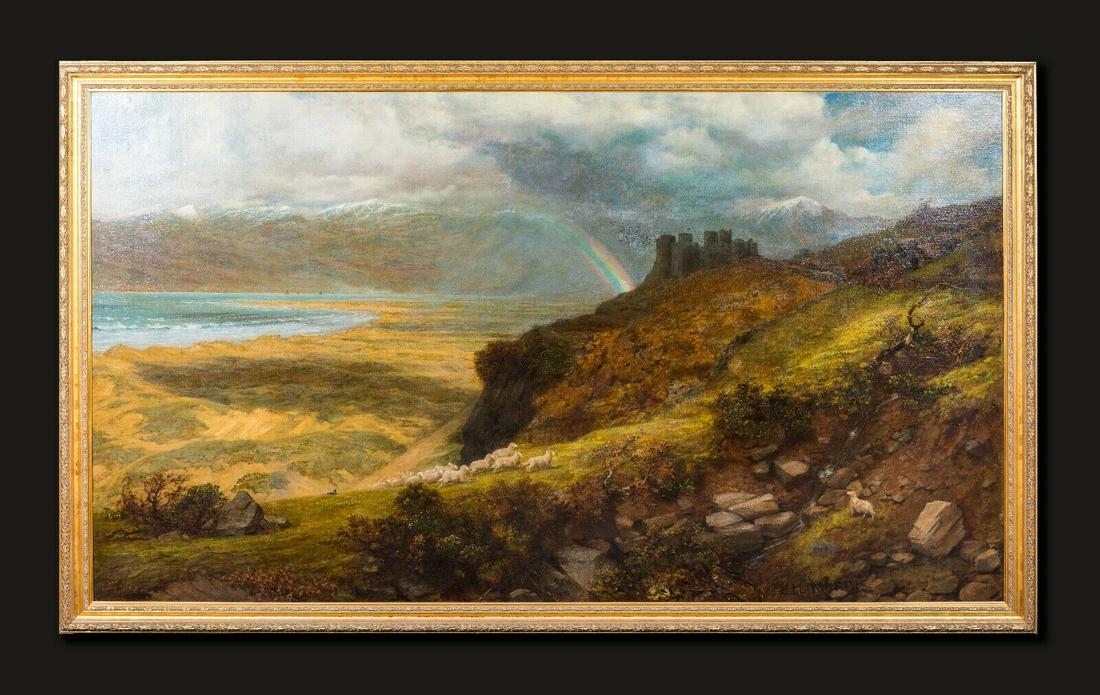 Harlech Castle Landscape Rainbow: Name: Huge 19th Century Welsh Harlech Castle Landscape Rainbow Philip Richard MORRIS Year: 19th Century Size: 210cm x 130cm Medium: Oil Description: Landscape With Harlech Castle, dated 1894 PHILIP RI