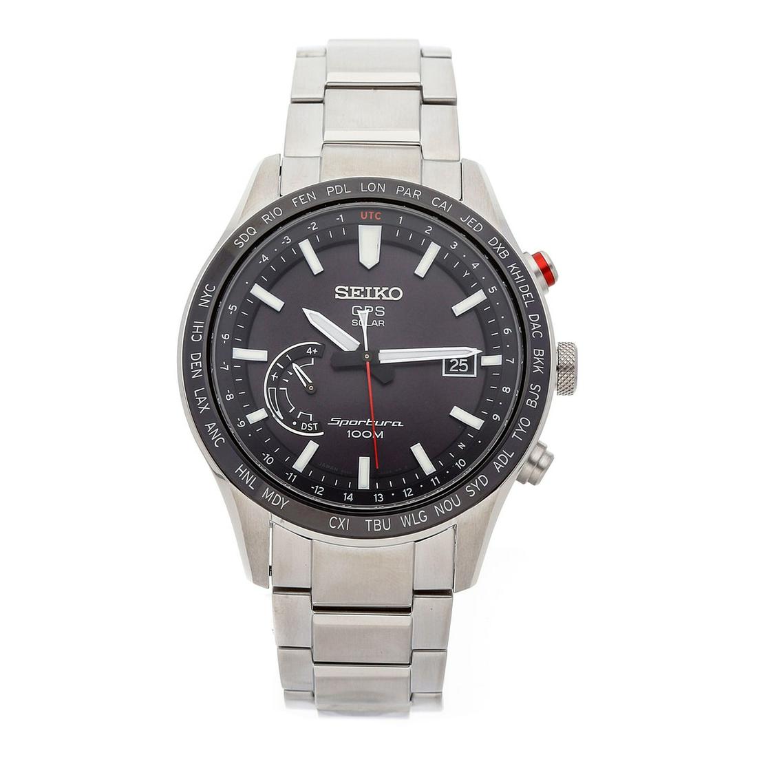 SEIKO SPORTURA GPS SOLAR: Brand: Seiko Model: Sportura GPS Solar Case Size: 45.2mm Movement: Quartz (Battery) Complications: Date24 World Times Material: Stainless Steel Band Material: Stainless Steel Box/Papers: Box and Paper