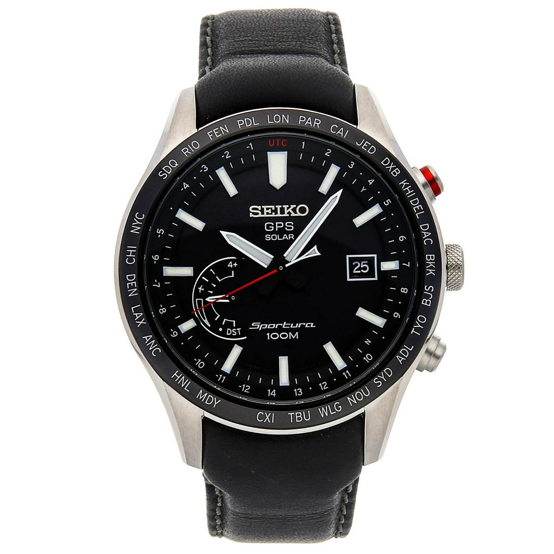 SEIKO SPORTURA GPS SOLAR: Brand: Seiko Model: Sportura GPS Solar Case Size: 45mm Movement: Quartz (Battery) Complications: DateGMT/World Time Material: Stainless Steel Band Material: Leather Box/Papers: Box and Papers