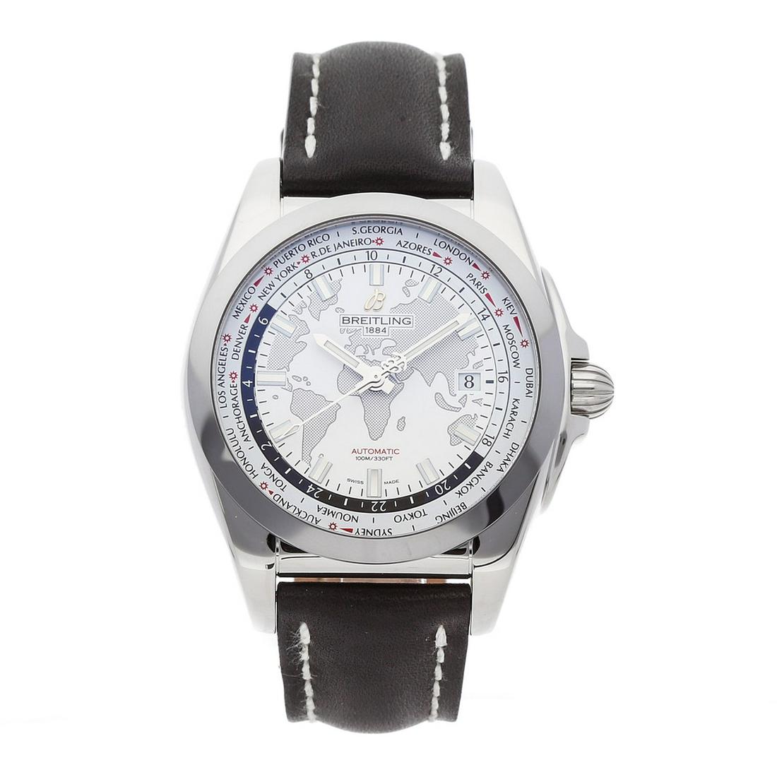 BREITLING GALACTIC UNITIME: Brand: Breitling Model: Galactic Unitime Case Size: 44mm Movement: Mechanical (Automatic) Complications: DateGMT/World Time Material: Stainless Steel Band Material: Leather Box/Papers: Box and Papers