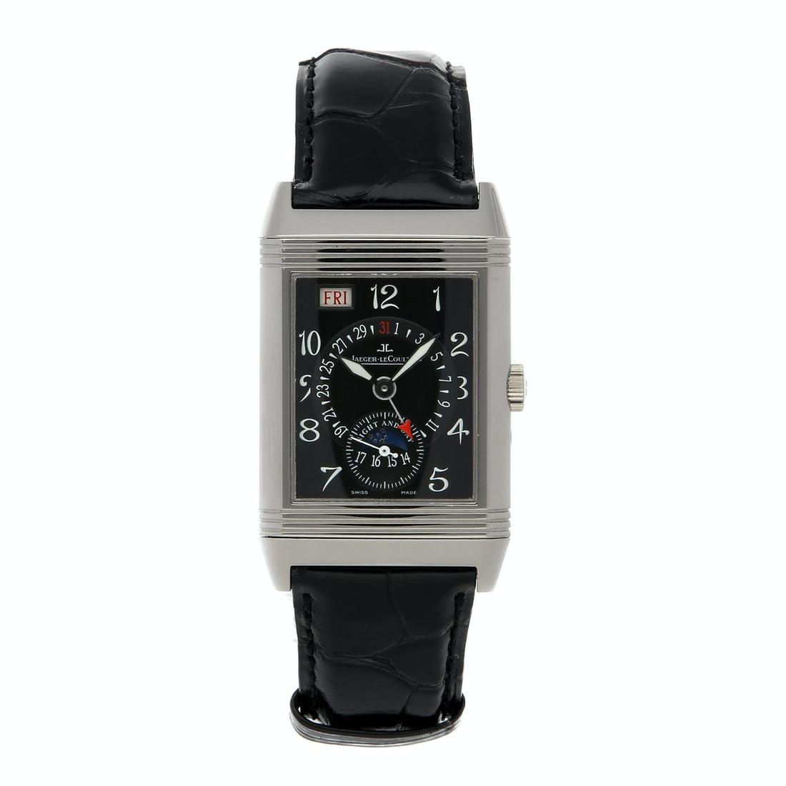 JAEGER-LECOULTRE REVERSO GRANDE DATE: Brand: Jaeger-Le-Coultre Model: Reverso Grande Date Case Size: 42mm x 26mm Movement: Mechanical (Hand-winding) Complications: Date Moon Phase Month Day Material: White Gold Band Material: Alligator Bo