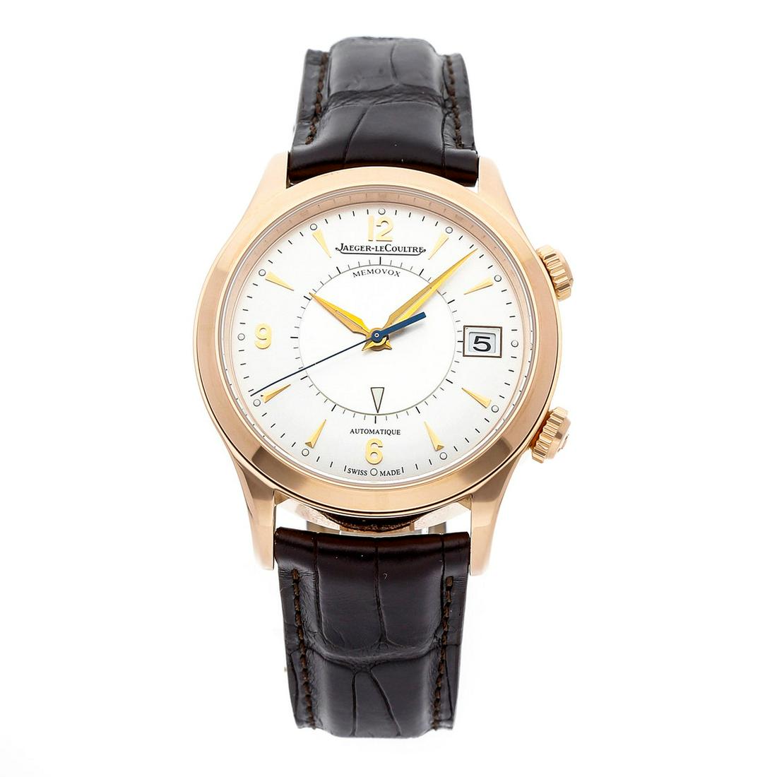 JAEGER-LECOULTRE MASTER MEMOVOX: Brand: Jaeger-LeCoultre Model: Master Memovox Case Size: 40mm Movement: Mechanical(Automatic) Complications: Date Alarm Material: Rose Gold Band Material: Alligator Box/Papers: Box and Papers