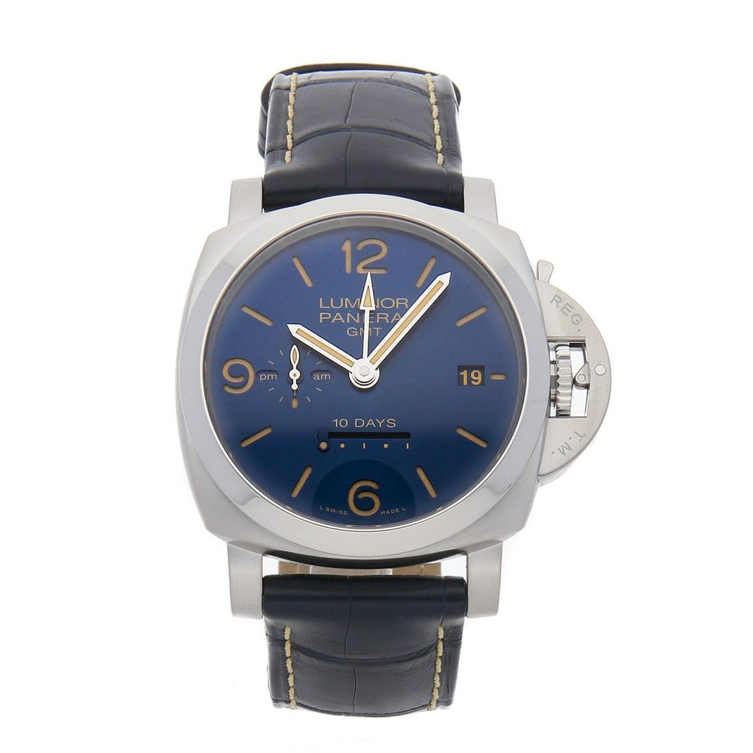 PANERAI LUMINOR 1950 10-DAYS GMT DESIGN MIAMI LIMITED: Brand: Panerai Model: Luminor 1950 10-Days GMT Design Miami Limited Edition Case Size: 44mm Movement: Mechanical (Automatic) Complications: Date Power Reserve Indicator Day/Night Indicator Material: S