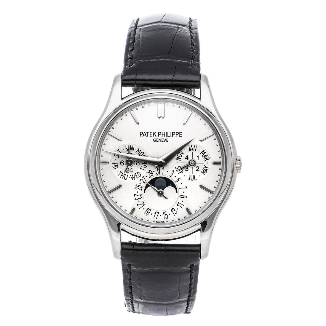 PATEK PHILIPPE GRAND COMPLICATIONS PERPETUAL CALENDAR: Brand: Patek Philippe Model: Grand Complications Perpetual Calendar Case Size: 37.2mm Movement: Mechanical(Automatic) Complications: Perpetual Calendar Day and Date Moon Phase Month Material: White Go