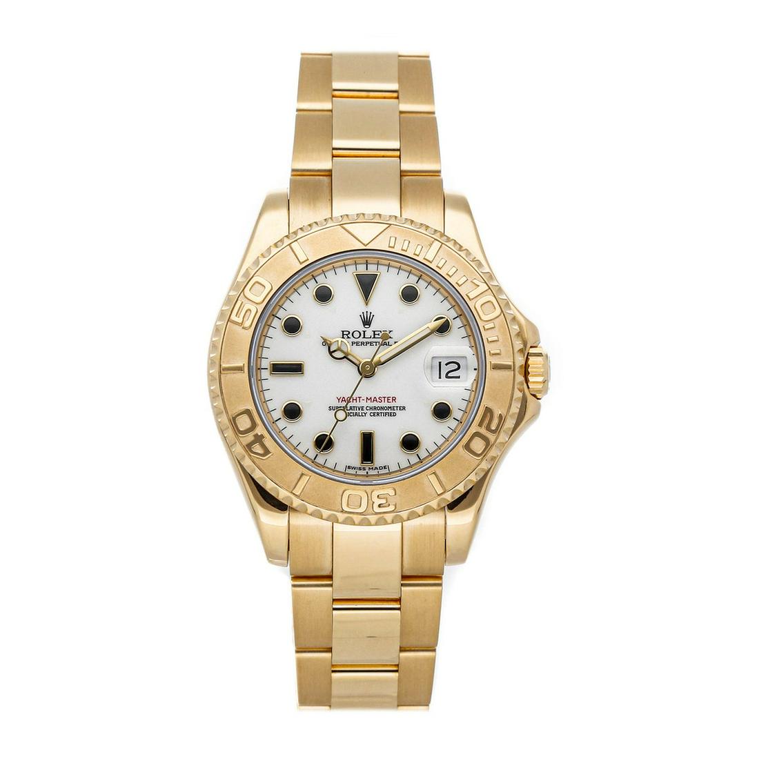 ROLEX YACHT-MASTER: Brand: Rolex Model: Yacht-Master Case Size: 35mm Movement: Mechanical (Automatic) Complications: Date Material: Yellow Gold Band Material: Yellow Gold
