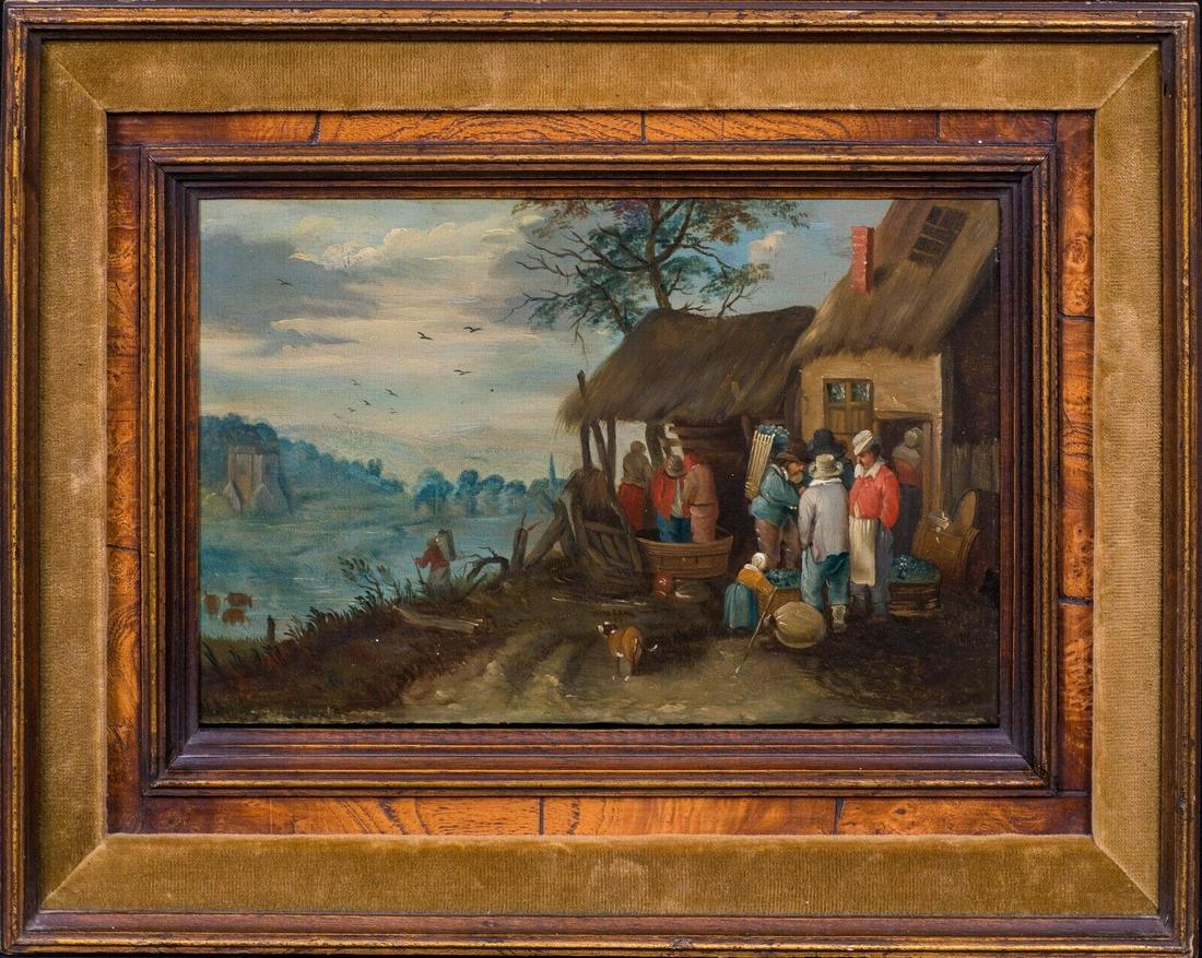 17th Century Flemish Village Peasants Street Scene: Name: 17th Century Flemish Village Peasants Street Scene Landscape Karel BREYDEL Year: 17th Century Size: 40cm x 30cm Medium: Oil Description: Village Scene, 17th Century circle of Karel BREYDEL (1678