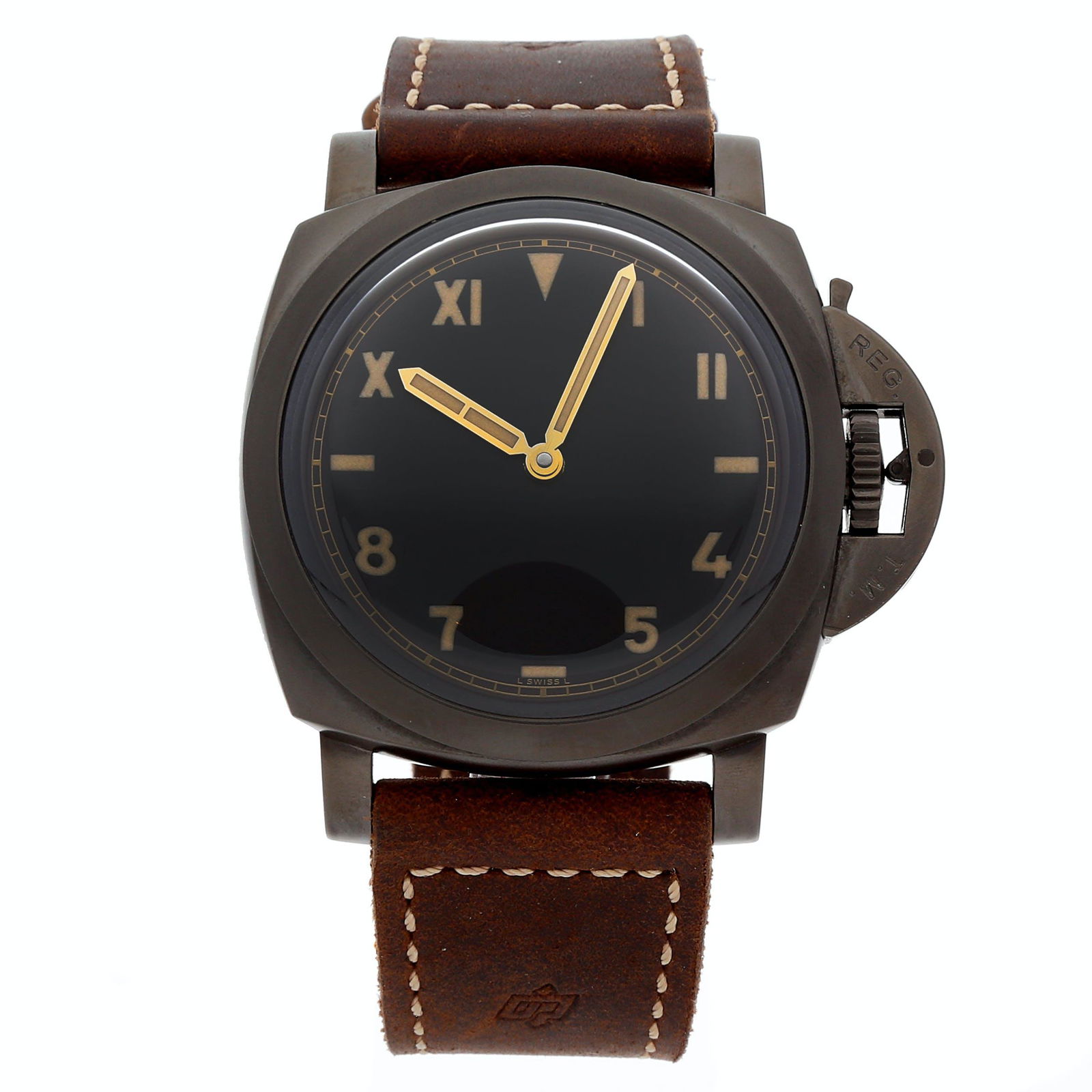 Panerai Luminor 1950 3-Days DLC: Brand: Panerai Model: Luminor 1950 3-Days DLC Case Size: 47mm Movement: Mechanical (Hand-winding) Complications: Time-Only Material: DLC Coated Titanium Band Material: Leather Box/Papers: Box and Pape