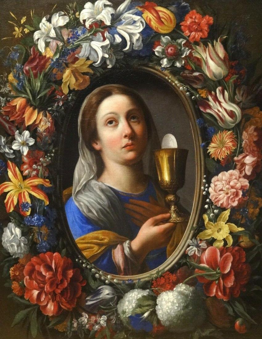 Flowers Still Life Allegory of Faith: Year: 17th Century Size: 41" x 34" Medium: Oil Description: An Allegory Of Faith, 17th Century School Of Giovanni STANCHI (1608-1673) Fine large 17th Century Italian old master Allegory of faith surro