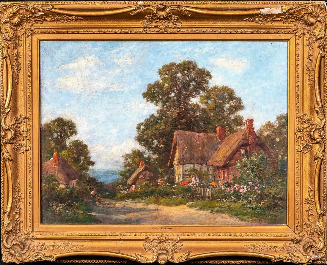 Country Landscape Cottages In Summer: Year: 19th Century Size: 75cm x 60cm Medium: Oil Description: English Landscape With Cottages, 19th Century by Thomas Edwin Mostyn R.O.I., R.W.A., R.C.A., (1864-1930) Fine 19th Century English summer 