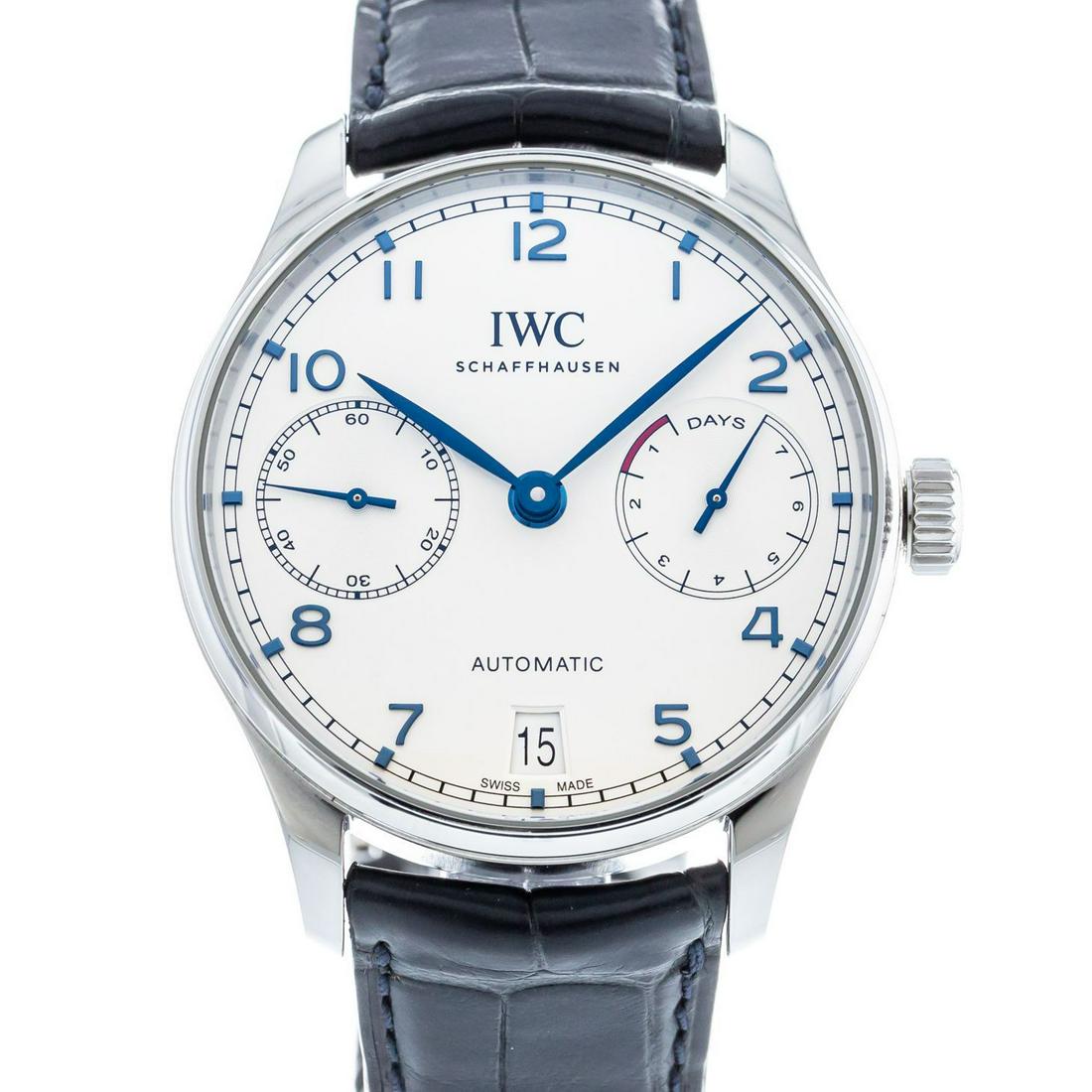 IWC PORTUGUESE: Brand: IWC Model: Portuguese Case Size: 42mm Movement: Automatic Material: Stainless Steel Band Material: Leather Box: Yes Papers: Yes