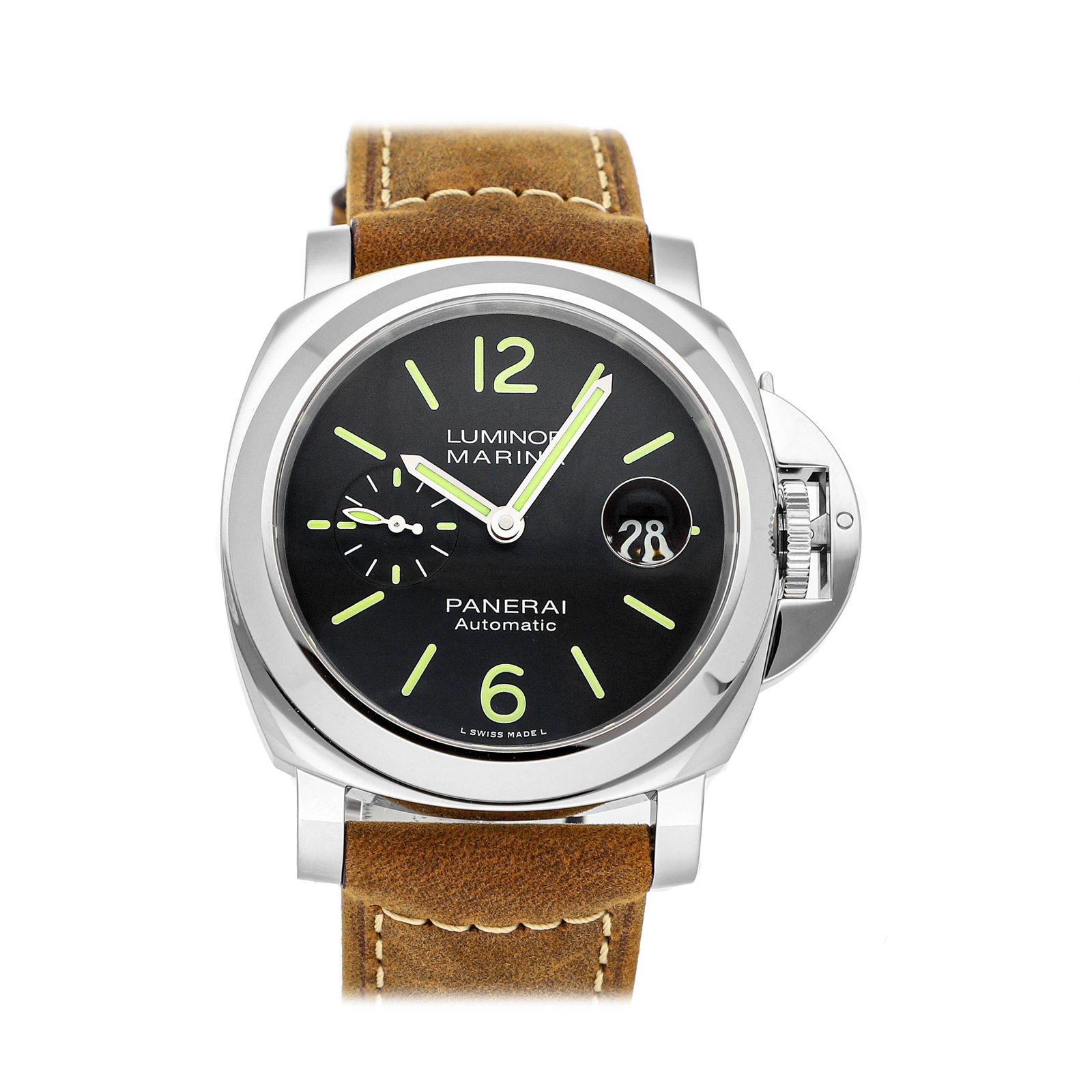 Panerai Luminor Marina: Brand: Panerai Model: Luminor Marina Case Size: 44mm Movement: Mechanical(Automatic) Complications: Date Material: Stainless steel Band Material: Leather Box/Papers: Box and Papers