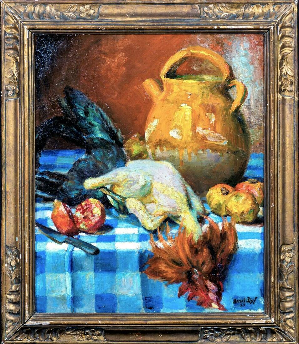 Still Life Chicken & Fruit: Name: Early 20th Century French Still Life Chicken & Fruit by MARCEL DYF (1899-1985) Year: 20th Century Size: 80cm x 70cm Medium: Oil Description: Still Life "Poulet & Pomegranate" 20th Century by MAR
