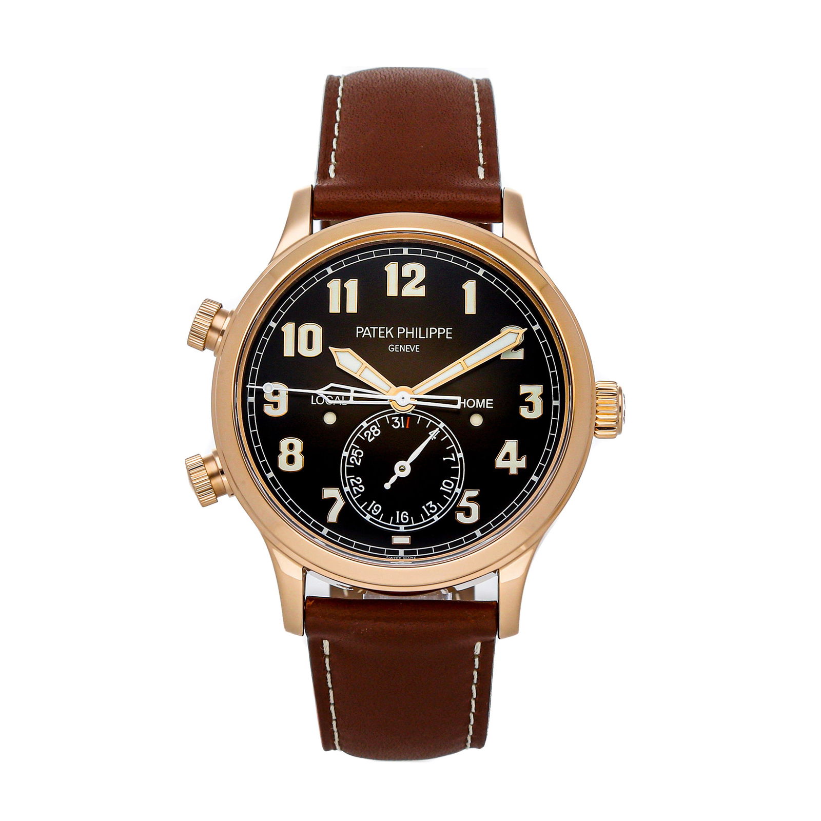 Patek Philippe Calatrava Pilot Travel Time: Brand: Patek Philippe Model: Calatrava Pilot Travel Time Case Size: 42mm Movement: Mechanical(Automatic) Complications: Dategmt Material: Rose gold Band Material: Leather Box/Papers: Box and Papers