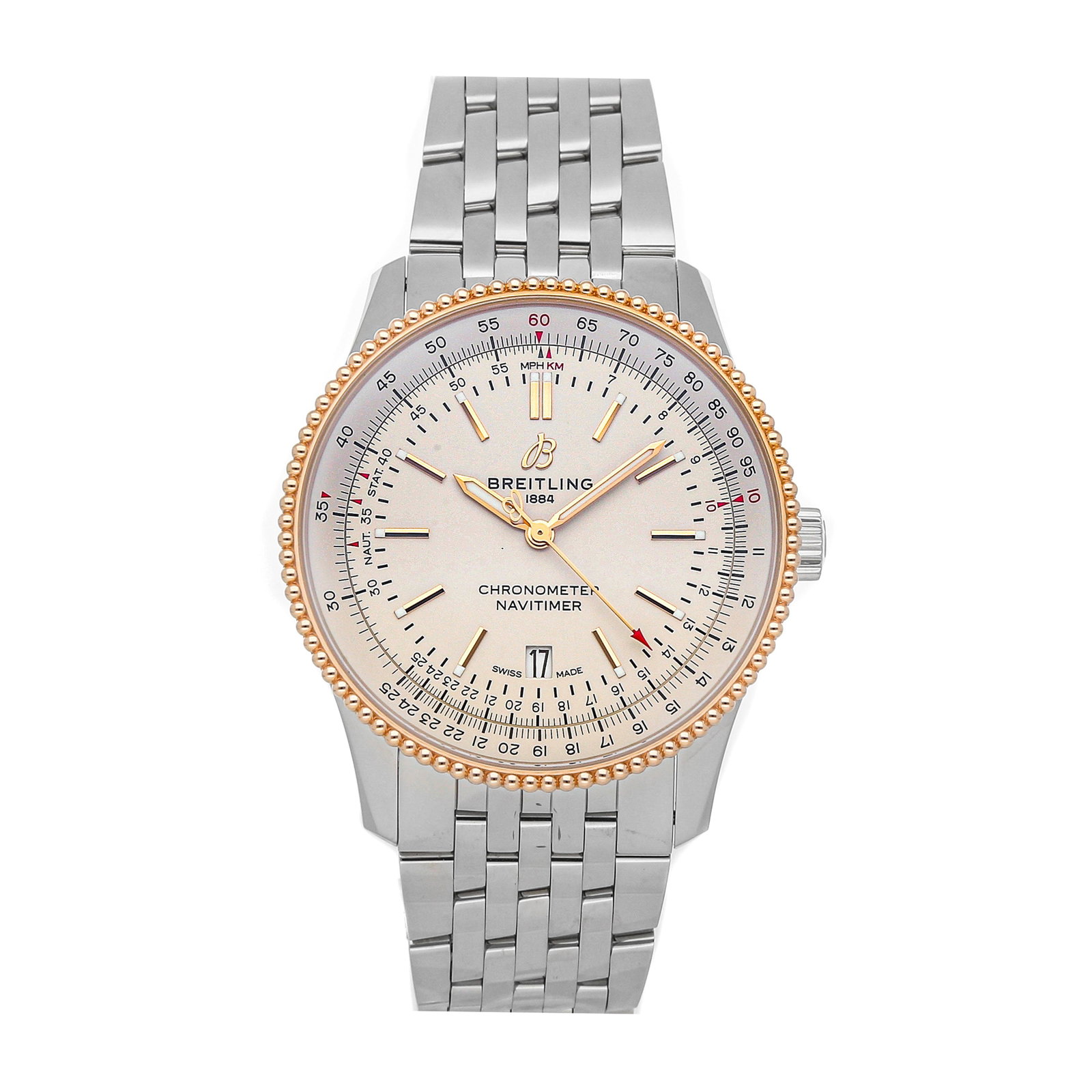 Breitling Navitimer Automatic: Brand: Breitling Model: Navitimer Automatic Case Size: 41mm Movement: Mechanical(Automatic) Complications: DateSlide Rule Material: Stainless steel Band Material: Stainless steel Box/Papers: Box and P