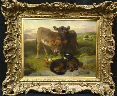 Painting Lot 76: Year: 18th Century Size: 26" x 23" Medium: Oil Description: Portrait Of A Gentleman, 17th Century by George William Horlor (1823-1895) Fine 19th century scene of two calves, a sheepdog and her pup wit