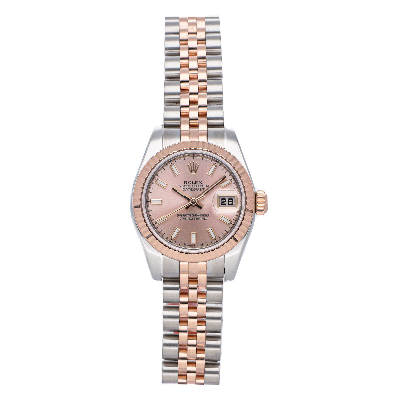 Rolex Datejust: Brand: Rolex Model: Datejust Case Size: 26mm Movement: Mechanical(Automatic) Complications: Date Material: Stainless steel Band Material: Stainless steel and 18k Everose gold Box/Papers: No Box/Papers