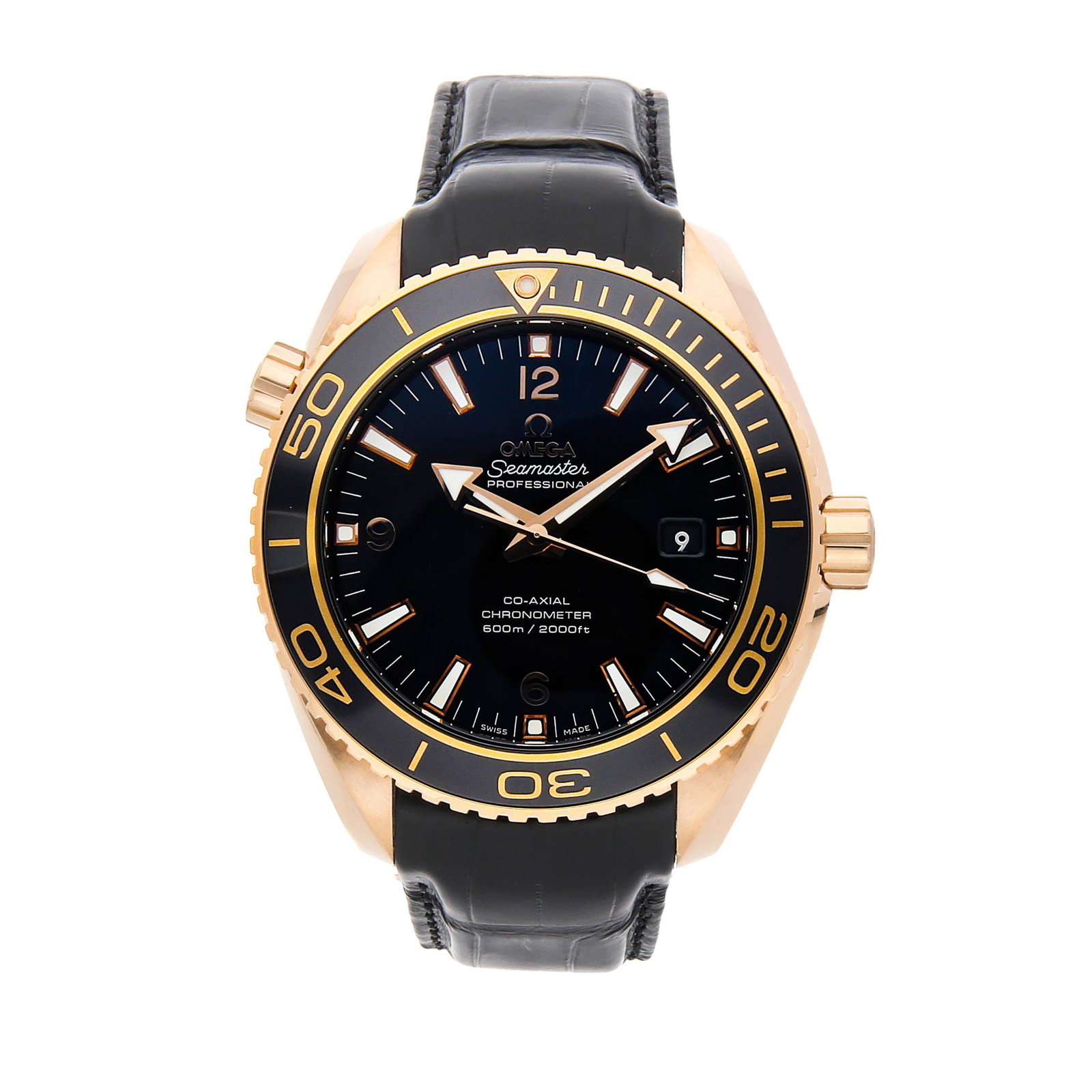 Omega Seamaster Planet Ocean 600m: Brand: Omega Model: Seamaster Planet Ocean 600m Case Size: 45.5mm Movement: Mechanical(Automatic) Complications: DateHelium Release Valve Material: Rose Gold Band Material: Alligator Box/Papers: Box a
