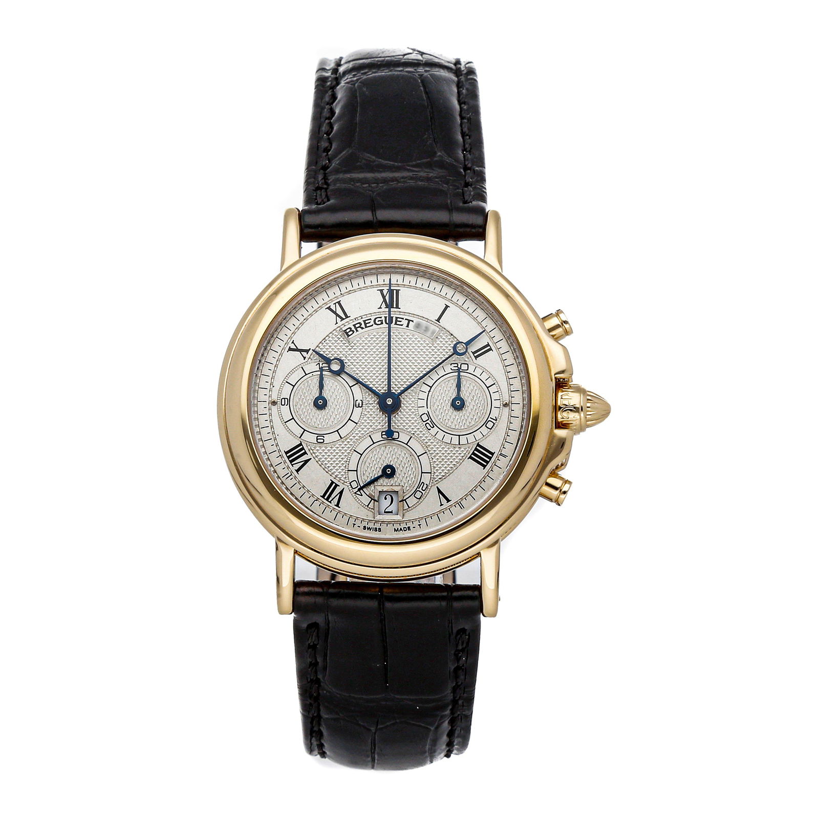 Breguet Classique Chronograph: Brand: Breguet Model: Classique Chronograph Case Size: 38mm Movement: Mechanical(Automatic) Complications: ChronographDate Material: Yellow Gold Band Material: Alligator Box/Papers: No Box/Papers