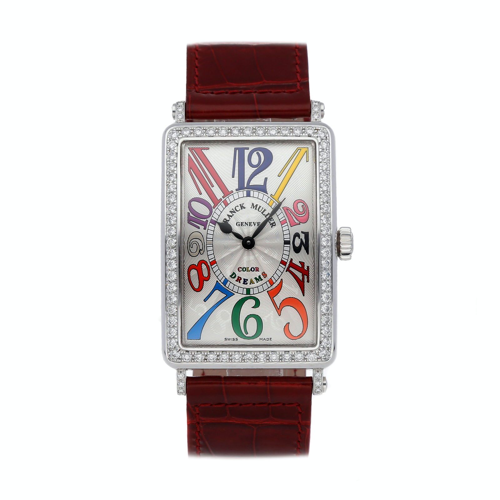 Franck Muller Long Island Color Dreams: Brand: Franck Muller Model: Long Island Color Dreams Case Size: 43mm x 30.5 mm Movement: Quartz (Battery) Complications: Time Only Material: Stainless Steel Band Material: Alligator Box/Papers: Box an