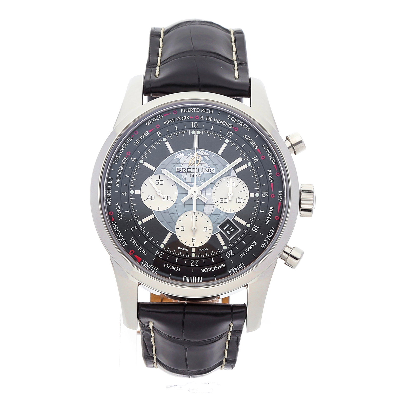 Breitling Transocean Unitime Chronograph: Brand: Breitling Model: Transocean Unitime Chronograph Case Size: 46mm Movement: Mechanical (Automatic) Complications: ChronographDateGMT/World Time Material: Stainless Steel Band Material: Alligator 