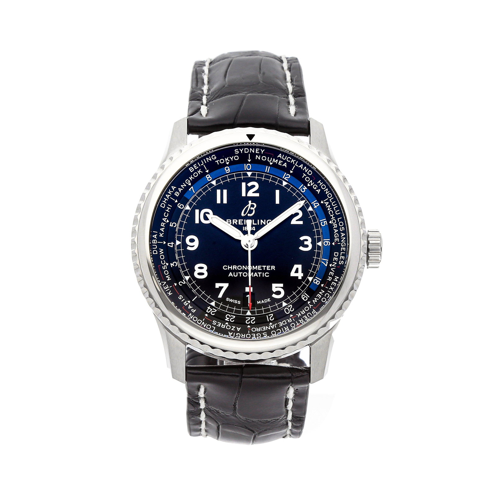 Breitling Aviator 8 B35 Unitime 43: Brand: Breitling Model: Aviator 8 B35 Unitime 43 Case Size: 43mm Movement: Mechanical(Automatic) Complications: Date24 World Times Material: Stainless Steel Band Material: Alligator Box/Papers: Box an