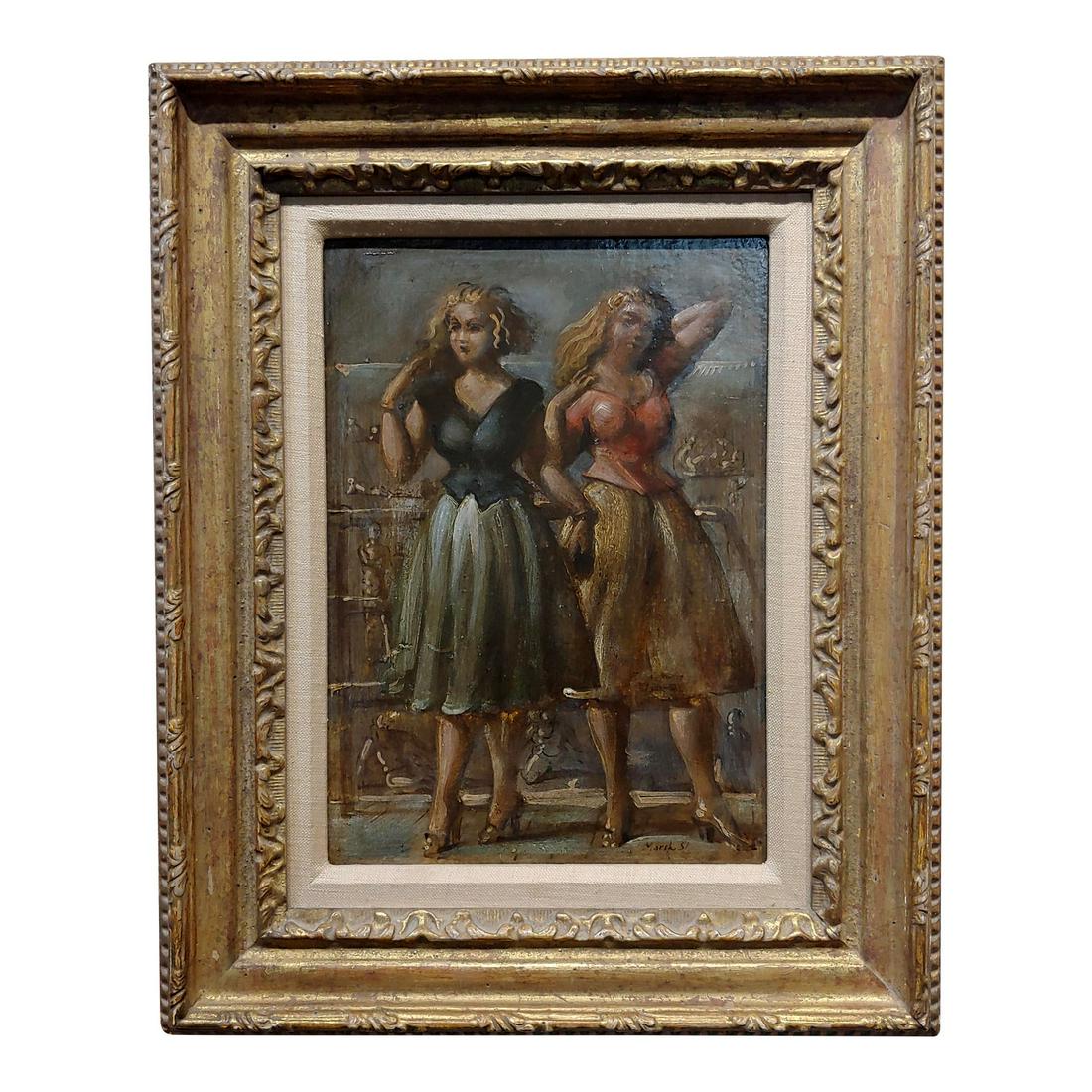 Girls on the Sidewalk Oil Painting: Description: Reginald Marsh - 1951 Girls on the Sidewalk -Oil painting oil painting on panel -Signed and dated 1951 panel size 10 1/2 x 7 1/2 inches Materials: Ash, Tempera Period: 1950's Place of Ori