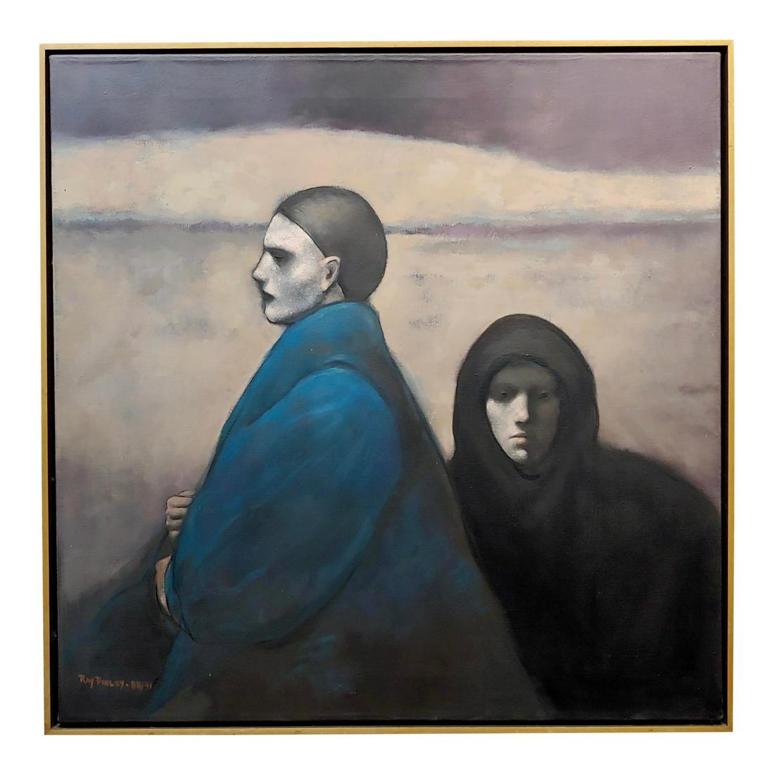 Unemotional Figures Oil Painting: Description: Ray Donley -Unemotional Figures - Oil painting on canvas -Signed and dated. Frame size 37 x 37 inches. Canvas size 36 x 36 inches Materials: Canvas Period: 1980's Place of Origin: North A