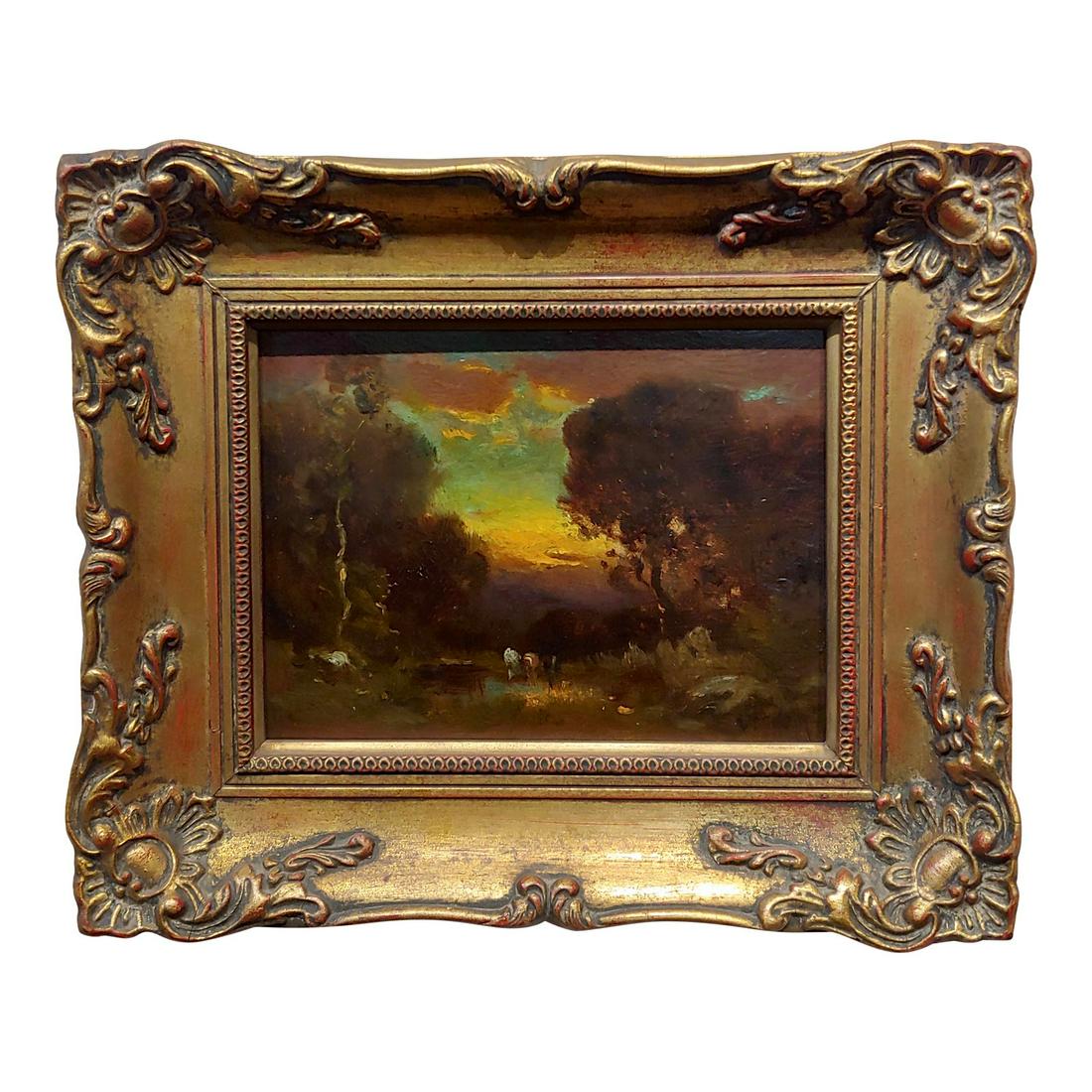Cows at a Watering Hole in a Barbizon Landscape Oil: Description: William Keith -Cows at a watering Hole in a Barbizon Landscape -19th century Oil painting oil painting on panel - signed circa 1880's. Frame size 12 x 10 inches. Size 6 x 8 inches Materia