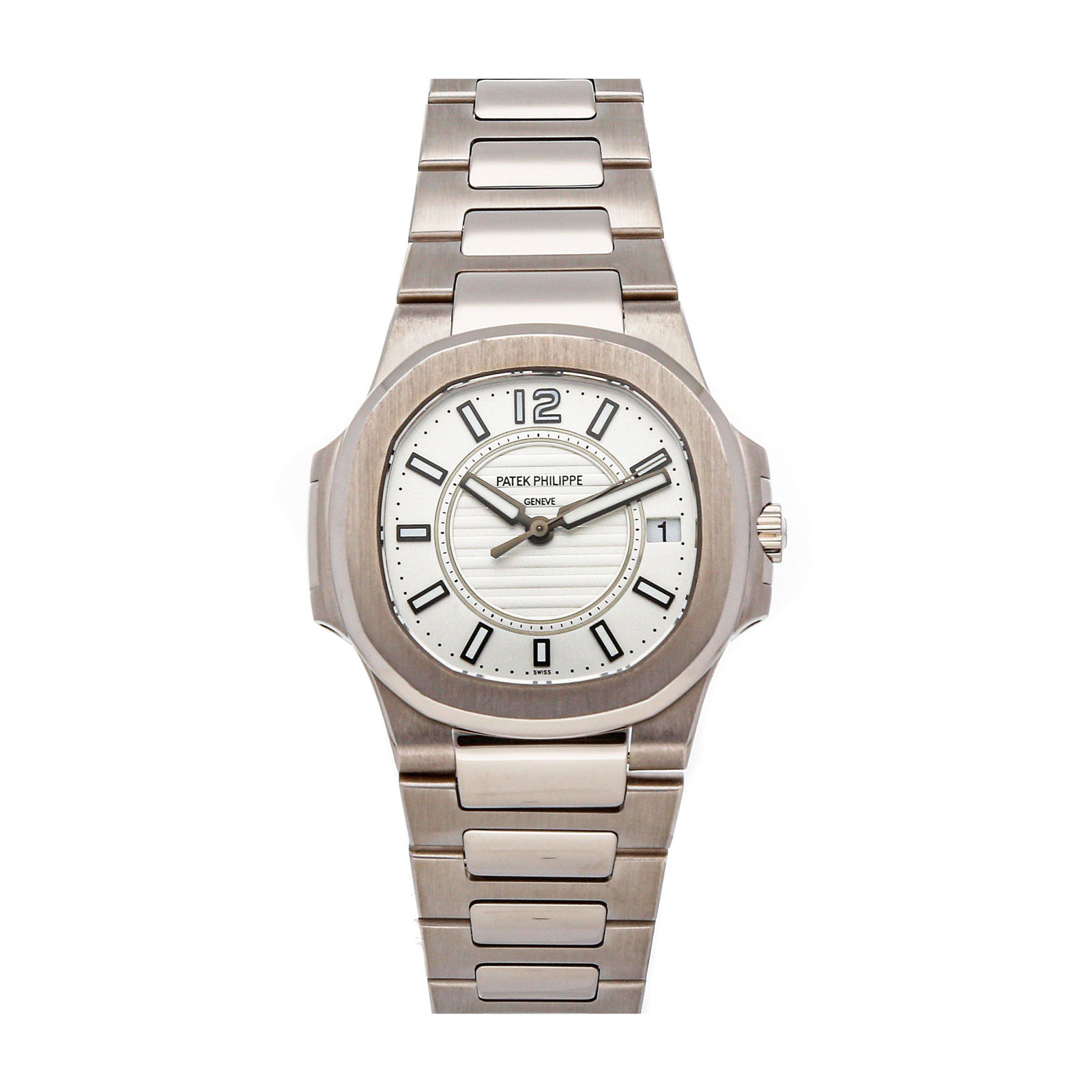 Patek Philippe Nautilus: Brand: Patek Philippe Model: Nautilus Case Size: 32mm Movement: Quartz Complications: Date Material: White gold Band Material: White gold Box/Papers: Box