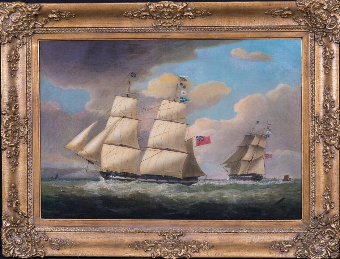 Navy Ship Captain Wilson Oil Painting: Year: 19th Century Size: 100cm x 85cm Medium: Oil Description: Fine large 19th Century British Royal Navy Scene off the coast of Dover, led by Captain Wilson, oil on canvas by George Webster. Excellen