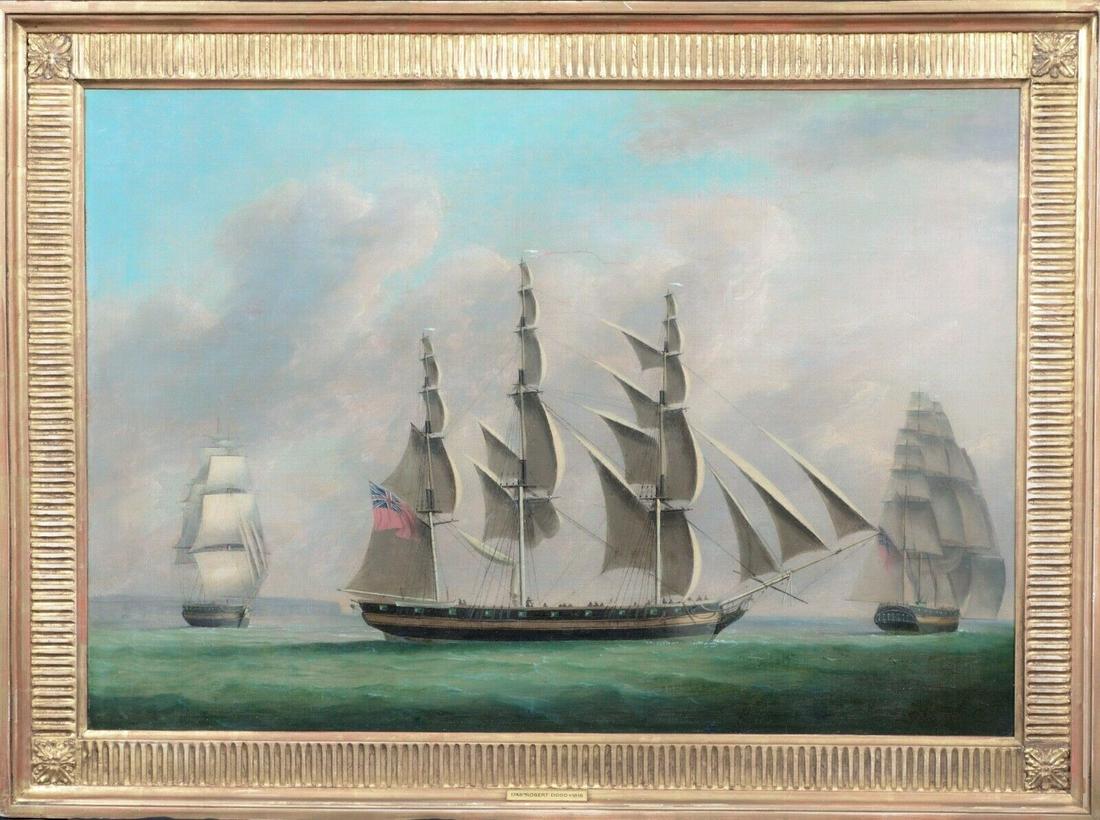 Royal Navy Ship Sailing Oil Painting: Year: 18th Century Size: 90cm x 65cm Medium: Oil Description: Fine large 18th Century British Royal Naval study of a three masted ship sailing off the coast, oil on canvas by Robert Dodds. Excellent q