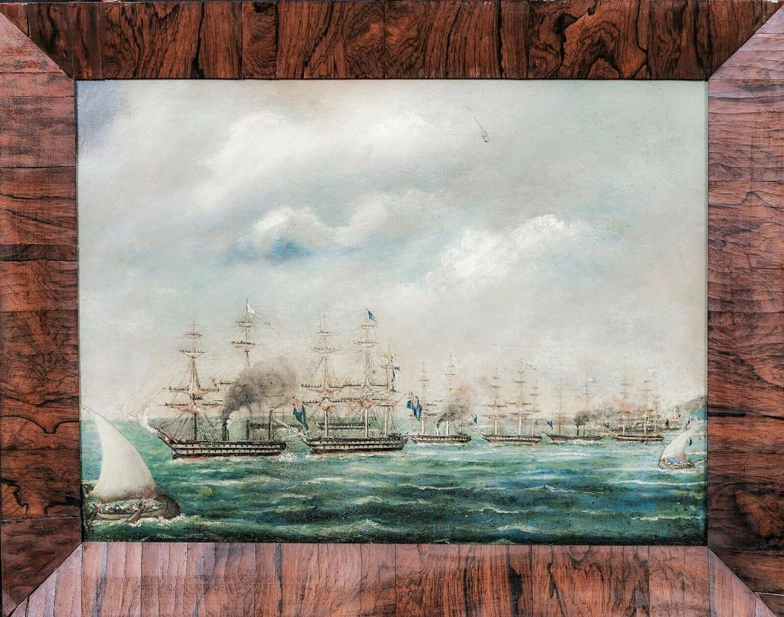 Royal Navy Fleet Ships Off Hong Kong Oil Painting: Year: 19th Century Size: 75cm x 60cm Medium: Oil Description: Fine 19th Century Anglo-Chinese School view of the British Royal Navy Fleet Off Hong Kong Harbour, oil on canvas. Excellent quality early