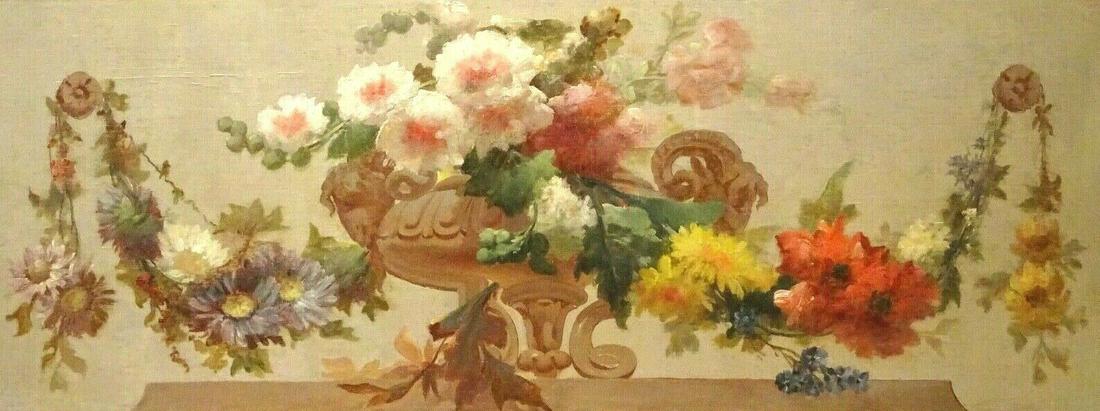 Still Life Flowers In A Urn Oil Painting: Year: 19th Century Size: 53" x 20" Medium: Oil Description: Fine huge 18th 19th Century French School Old Master Still Life of flowers in an urn, oil on canvas. Beautiful panoramic French Rococo study