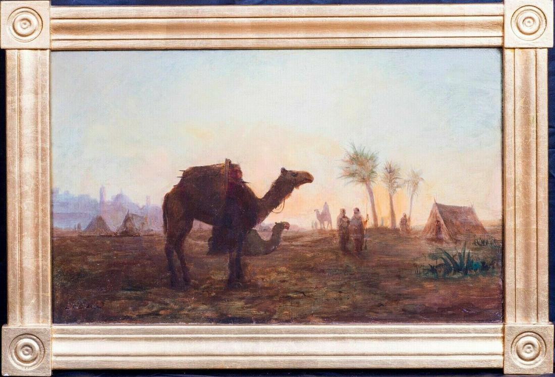 Arab Camp Sunset Oil Painting: Year: 19th Century Size: 80cm x 50cm Medium: Oil Description: Fine Large 19th century view of an Arab Camp landscape at sunset. oil on canvas by Lemuel Eldred. Excellent quality and condition example 