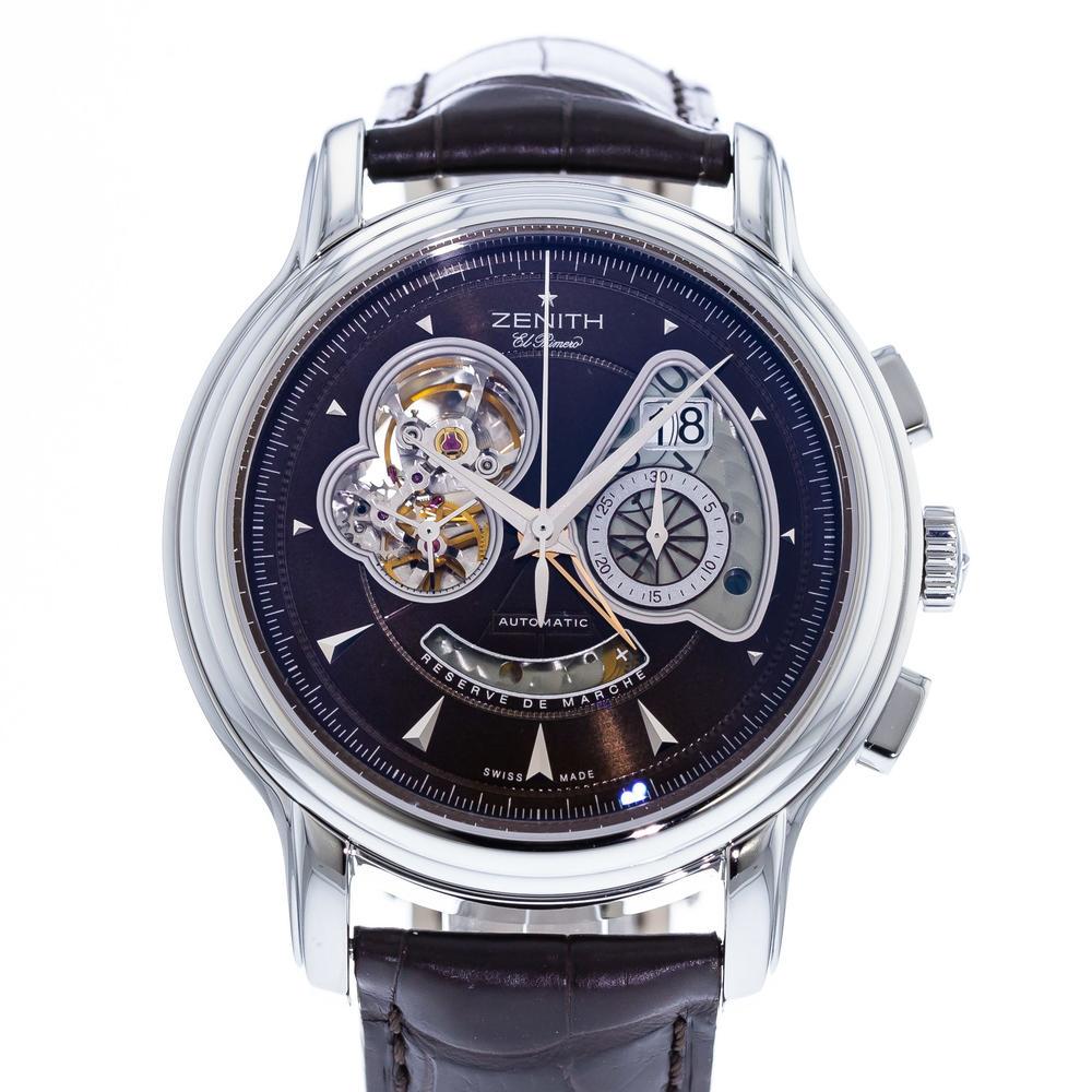 Zenith Chronomaster El Primero: Brand: Zenith Model: Chronomaster El Primero Case Size: 45mm Movement: Automatic Material: Stainless Steel Band Material: Leather Box: Yes Papers: No