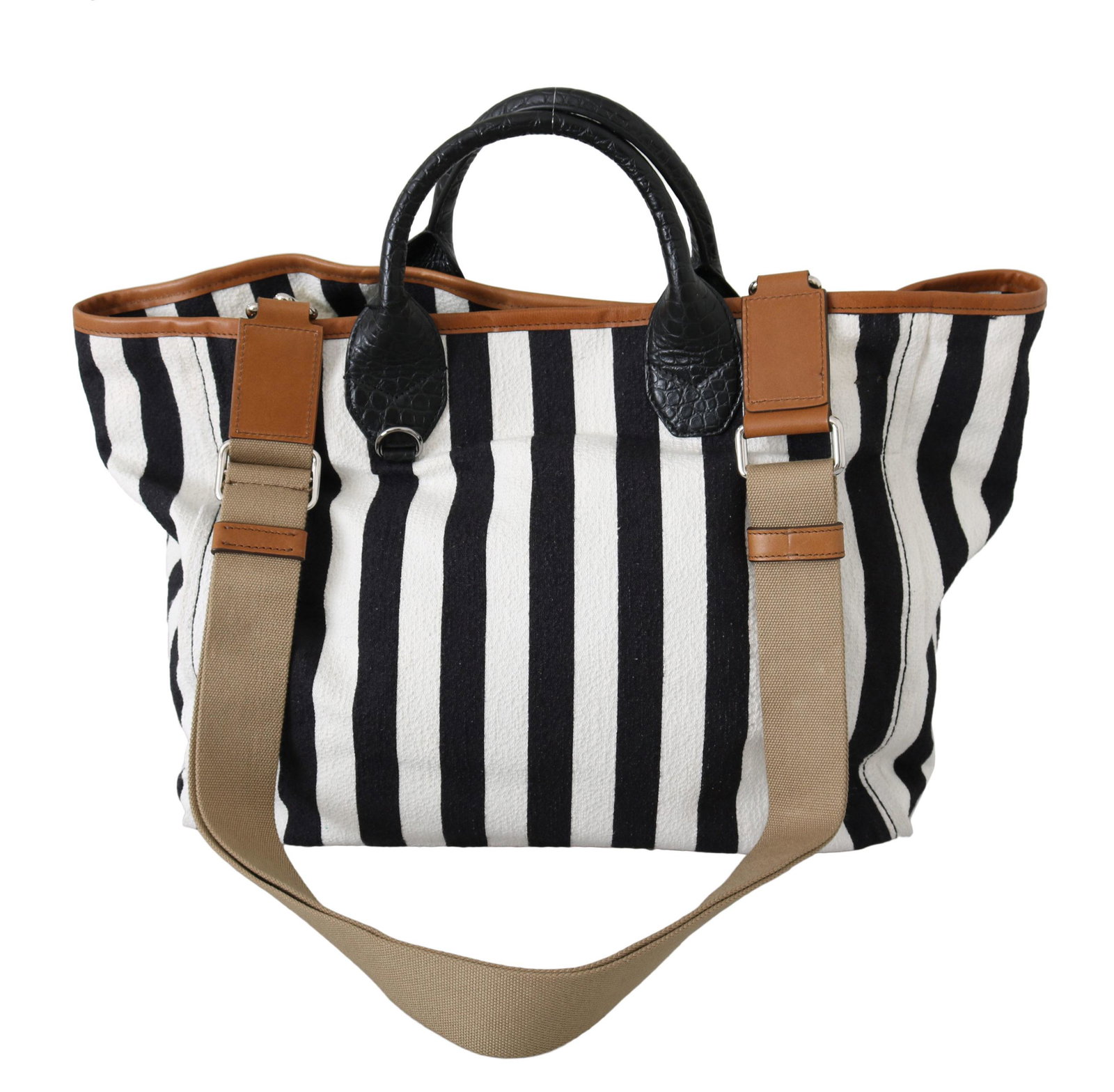 Black White Stripes Cotton Shopping Tote Borse Bag: Brand: DOLCE & GABBANA Material: 59% Cotton 30% Leather 8% Viscose 2% Polyester 1% Elastane Color: White and Black Stripes, brown detailing, silver metal detailing Strap: 160cm x 4cm Measurements: 32c